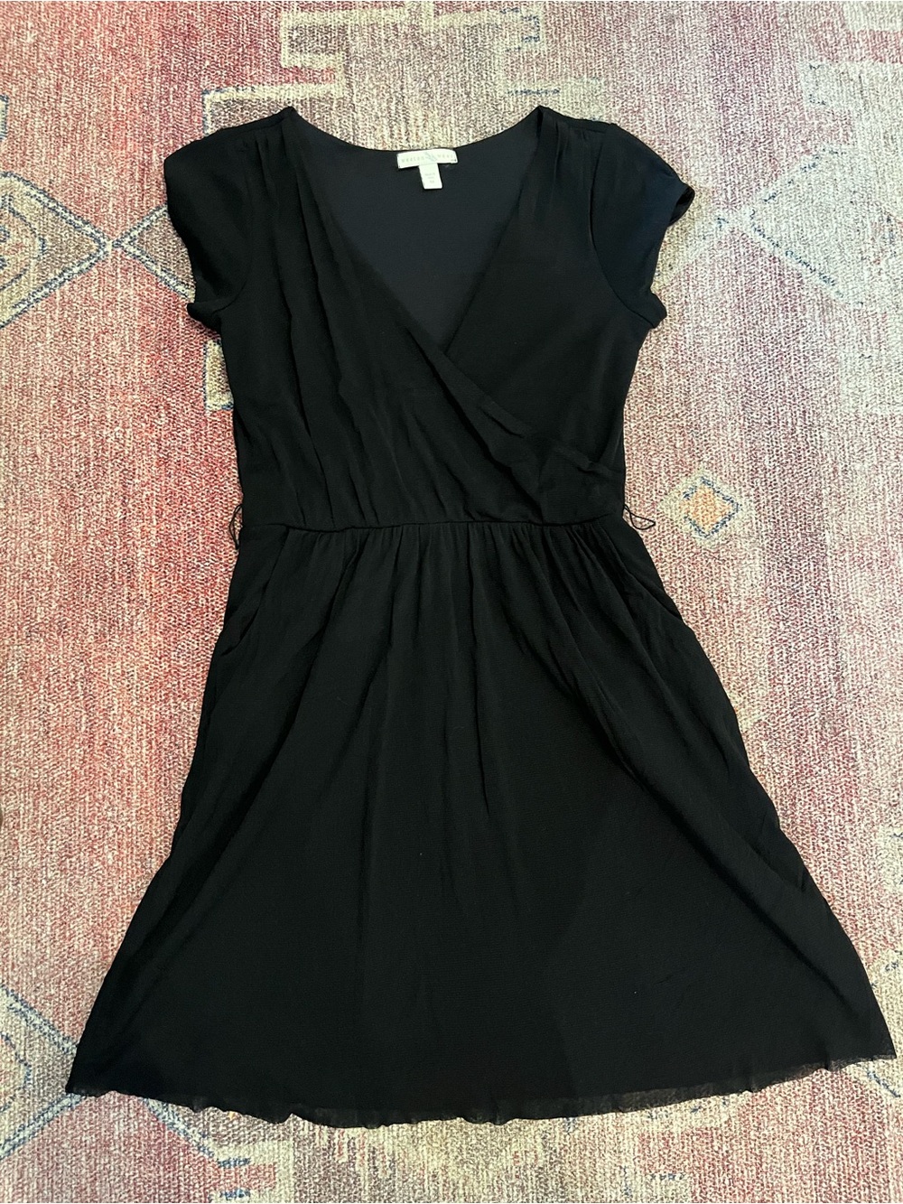 Weston wear black v faux wrap Y2K mesh cap sleeve fit & flare LBD med mini dress